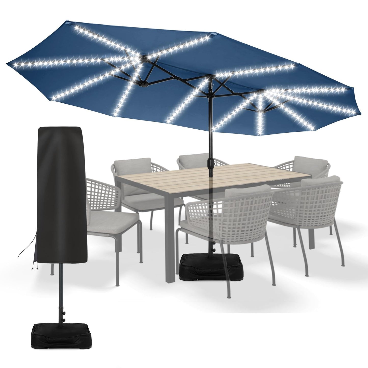 Sundale Outdoor Solar 15 ft 144 LED Olefin 5-Year-Non-Fading Patio Umbrella with Sandbag Base Included and Cover, Outdoor Double-Sided Umbrella with Lights, Navy