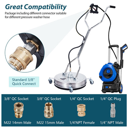 Pressure Washer Surface Cleaner w/Handles & Wheels, Stainless Steel Concrete Cleaner 4000 Max PSI, 3/8" Connector & 1/4" Adapter Power Washer Floor Attachment for Driveways, Sidewalks,Patios,Deck