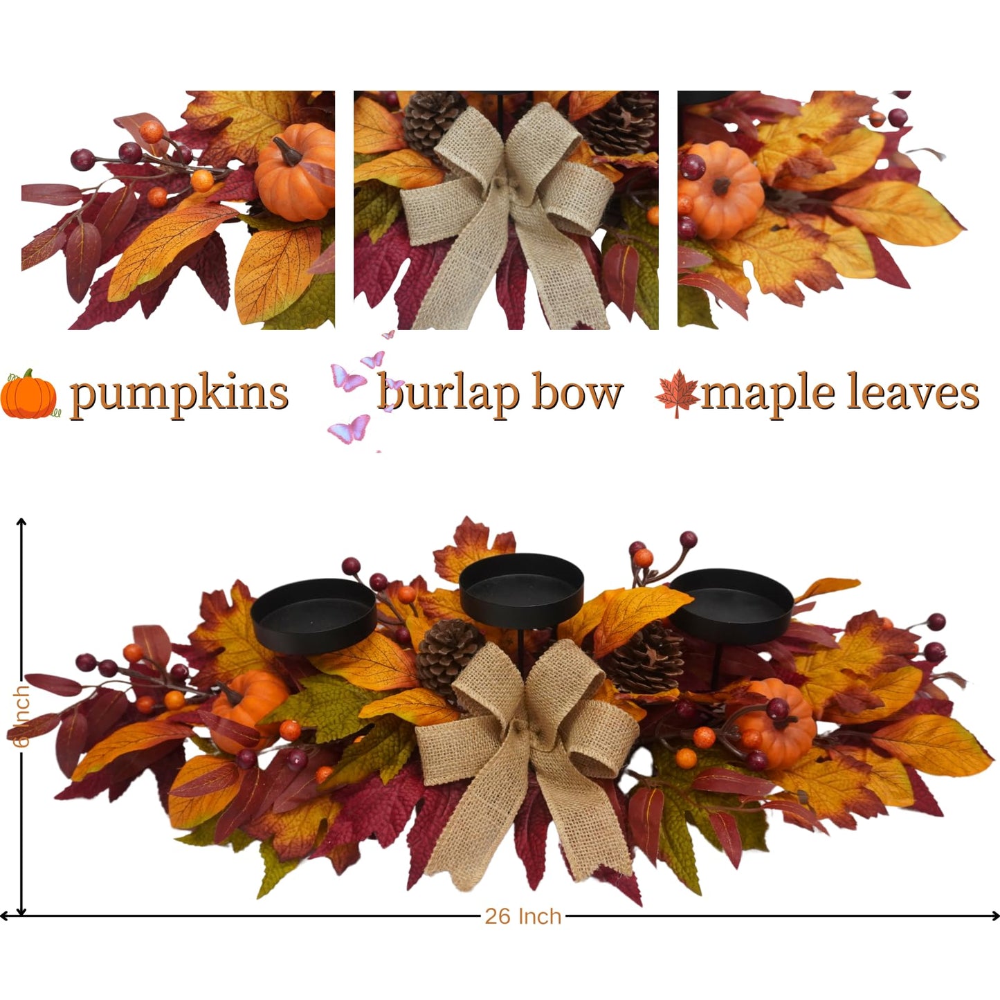 Svndlyn Thanksgiving Centerpiece with 3 Candle Holders,Fall Harvest Decor,Autumn Fall Maple Leaves Pumpkin Berry Candle Holder for Tabletop Display Table Kitchen Thanksgiving Décor,Harvest Festival