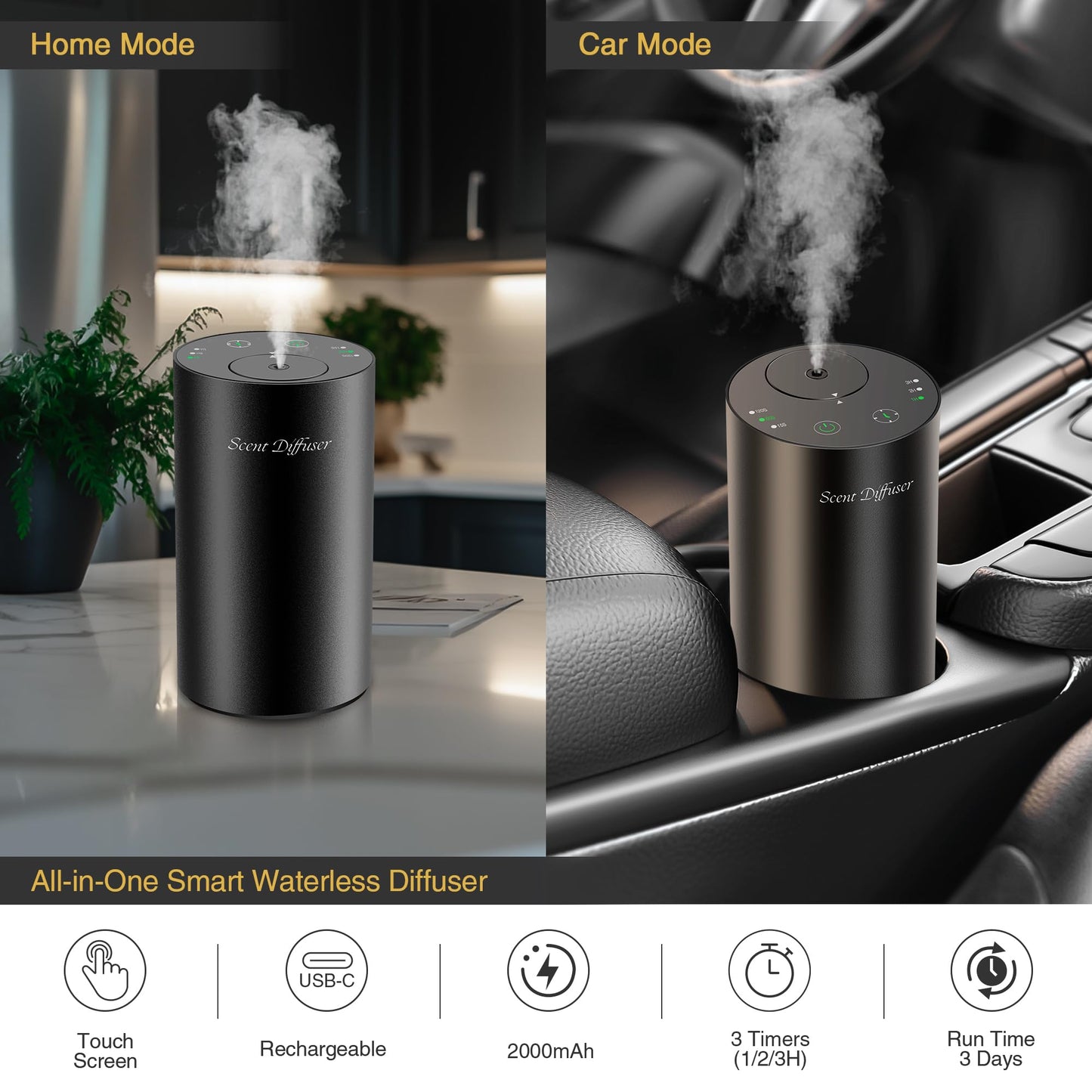 Waterless Essential Oil Diffuser Starter Kit - No Water Needed, Battery Operated Mini Scent Air Machine, Included 3x20ML Essential Oils, Portable Aromatherapy Diffuser for Home & Car & Office, Black