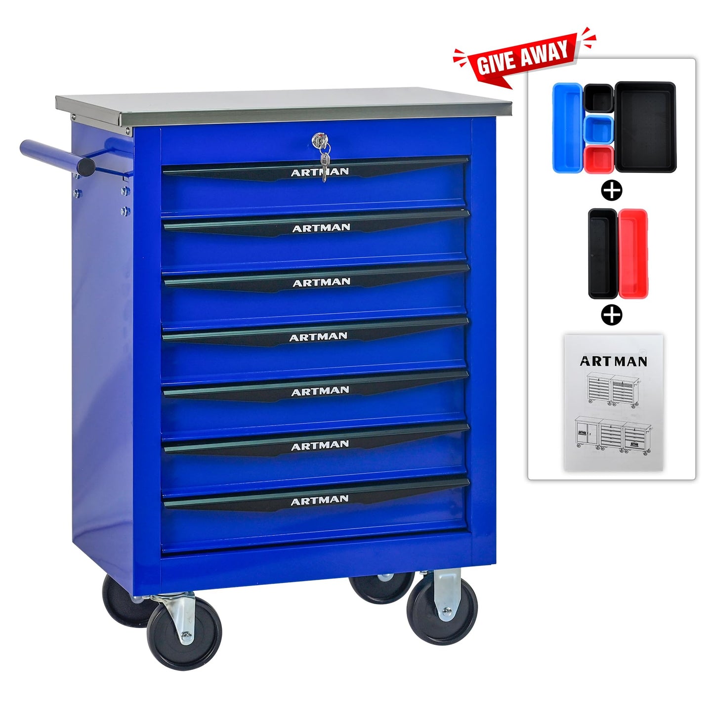 KEIKI 7 Drawers Tool Cart on Wheels,Multifunctional Rolling Tool Chest Tool Storage,Drawers Rolling Tool Trolley Organizer Tool Case for Garage, Warehouse, Workshop, Repair Shop (Blue)