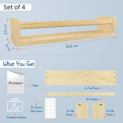 24 Inches (4-Pack) Forbena Natural Wood Nursery Bookshelves for Wall, Long Floating Book Shelves, Wall Mounted Bookcase