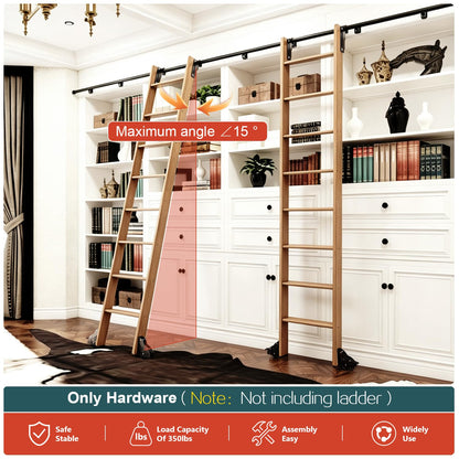 104RDHOUSE 12FT Sliding Library Ladder Hardware Kit,Black Telescopic Top Hook,Bottom Wheel with Brake,MAX Load 300lbs,No Ladder