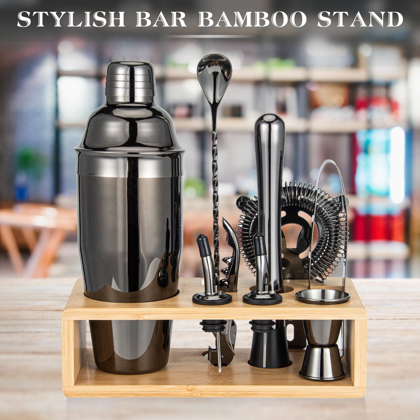 Black Cocktail Shaker Set, Premium 18/8 Stainless Steel Mixology Bartender Kit with Stylish Bamboo Stand 10-Piece Bar Tools & Accessories for Home Bar for Men, Dad, Husband