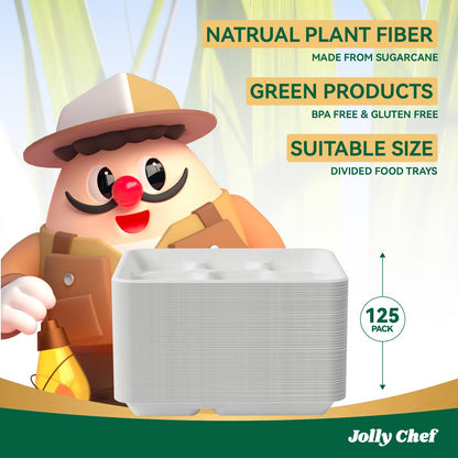 JOLLY CHEF Compostable 𝟱 Compartment Paper Plates 10*8.25*1 𝗶𝗻𝗰𝗵 [𝟭𝟮𝟱 𝗣𝗮𝗰𝗸] Small Heavy Duty Divided Disposable White Eco-Friendly Biodegradable Food Tray for School Lunch Dinner Christmas