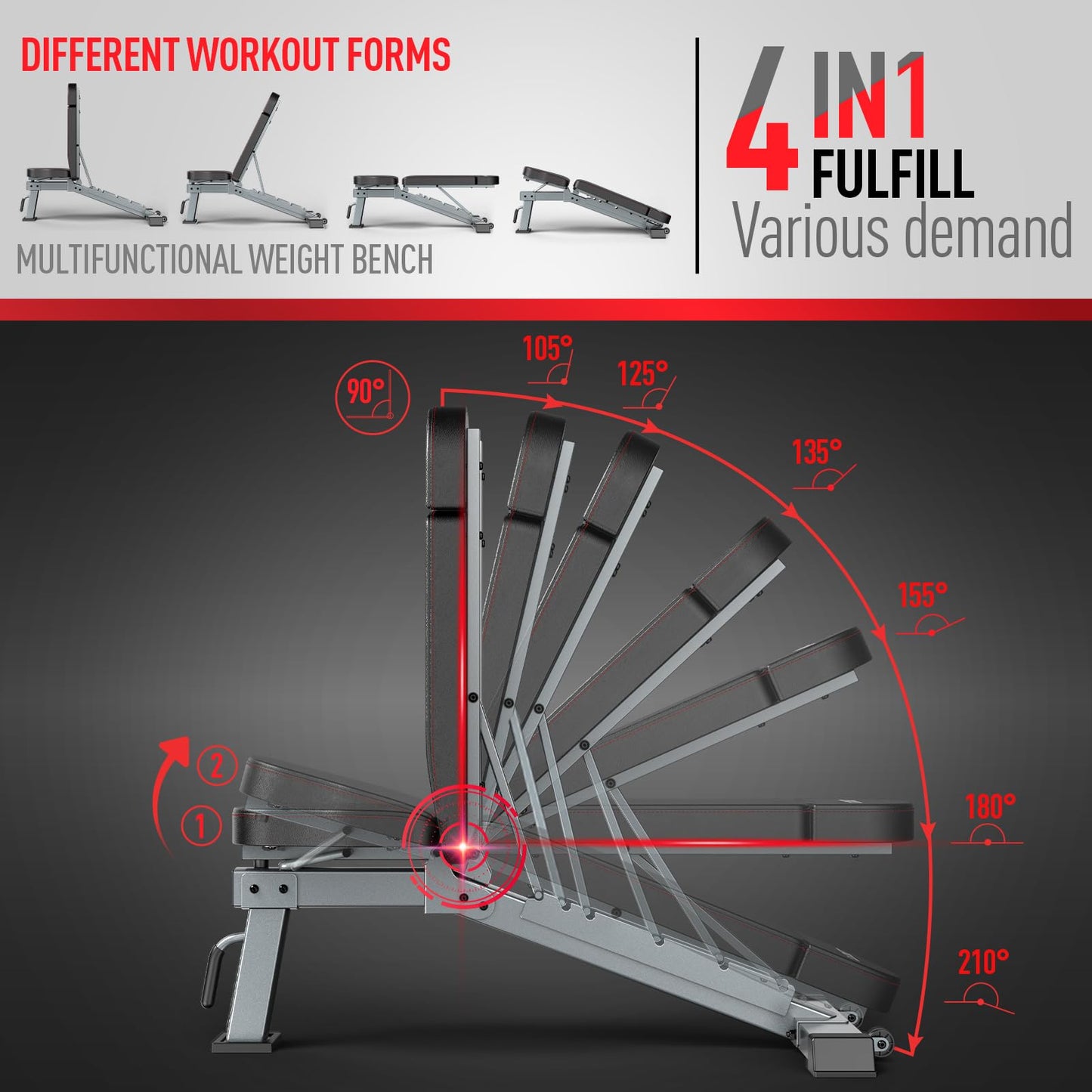 JOROTO Adjustable Weight Bench, 1300LBS Foldable Bench Press Bench of Home Gym Strength Training, Incline Decline Flat Utility Workout Bench with Wheels, Extended Backrest | Multiple Positions