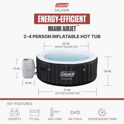 Coleman Miami 2 to 4 Person Inflatable Hot Tub, Round Energy-Efficient Portable Outdoor Spa with 120 AirJets, 71" x 26"