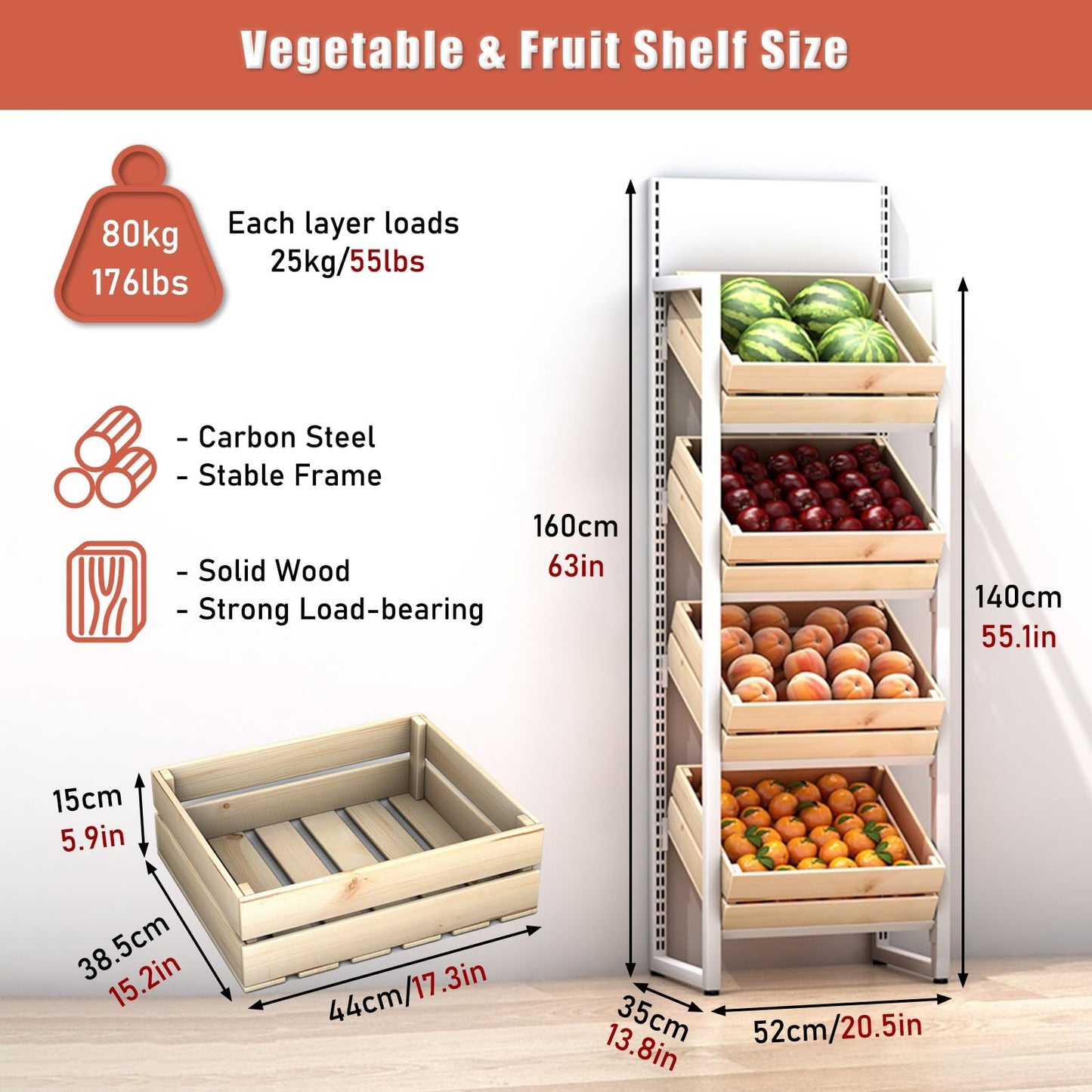 Rolling Kitchen Organizer Cart - Storage Rack with Wire Baskets.4-Tier Fruit & Vegetable Display Stand - Wooden Basket Market Shelf for Retail & Pantry - Large Capacity Snack Organizer for G