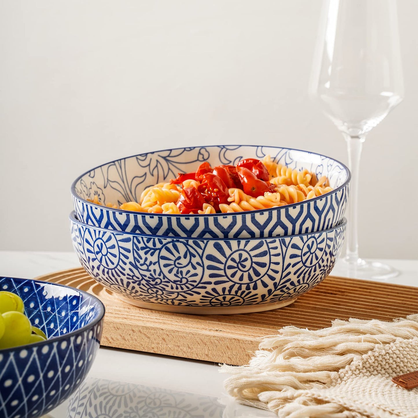 Selamica Ceramic 30 Ounce Pasta Bowls set of 4, 8 inch Serving Bowl Wide and Shallow Microwave Dishwasher Safe, Vintage Blue