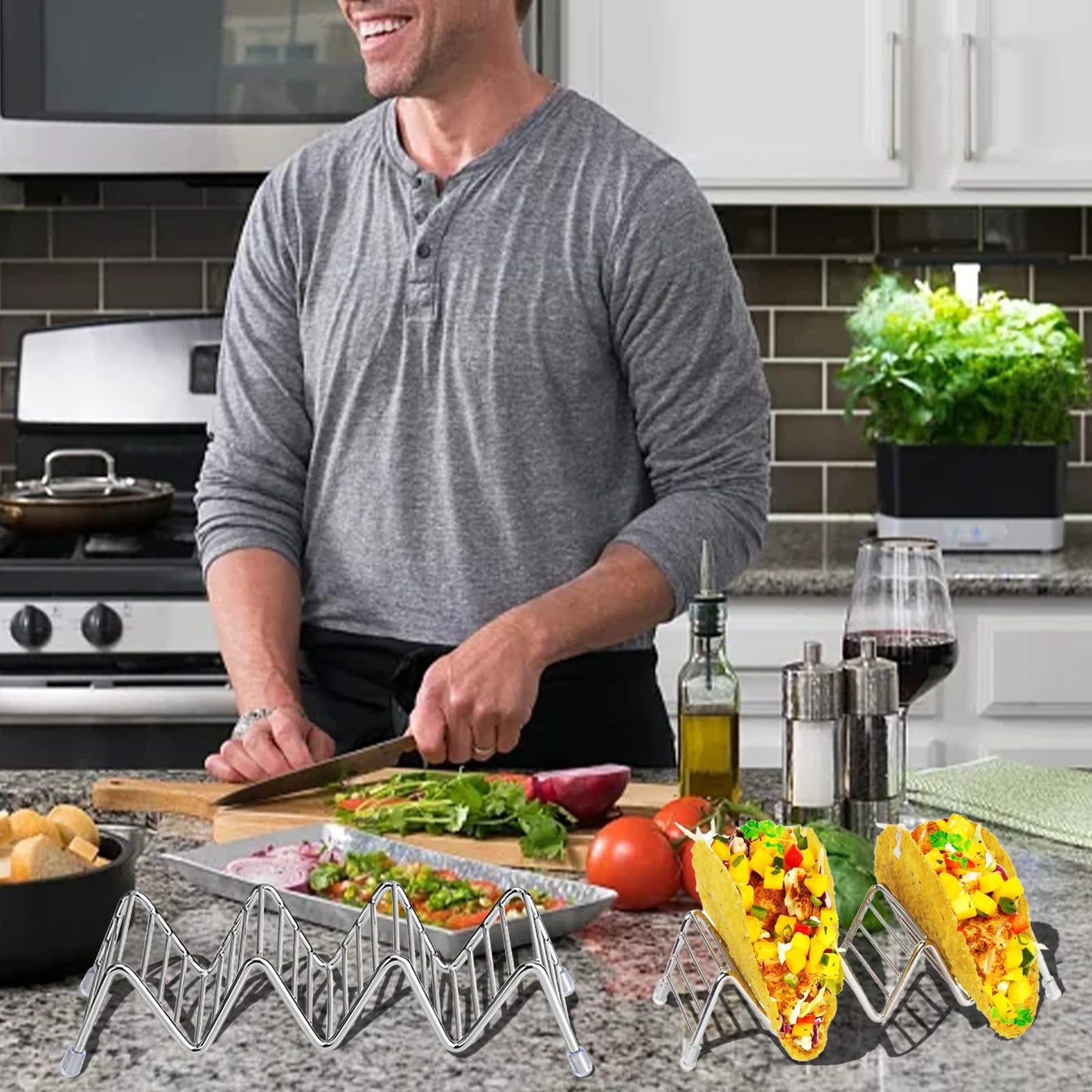 MEKBOK Taco Holders set of 3,Stainless Steel Taco Shell Holder Stand,Taco Tray Plates for Taco Bar Gifts Accessories,Holds 4 Tacos Each,Oven Safe for Baking, Dishwa sher and Grill Safe