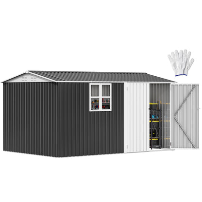 DWVO 12x8ft Large Tool Storage Shed with Window, Lockable Doors, and Sloped Roof, Oversized Steel Outdoor Storage Shed for Garden, Patio, Garage, Backyard, Lawn(Gray + White)