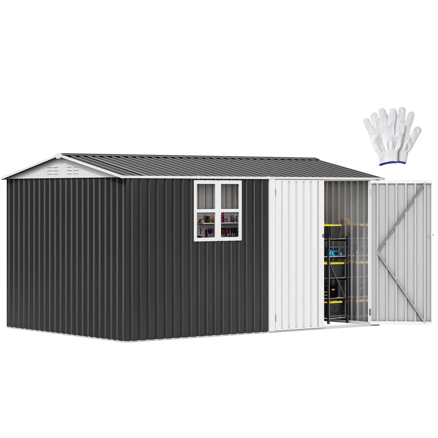 DWVO 12x8ft Large Tool Storage Shed with Window, Lockable Doors, and Sloped Roof, Oversized Steel Outdoor Storage Shed for Garden, Patio, Garage, Backyard, Lawn(Gray + White)
