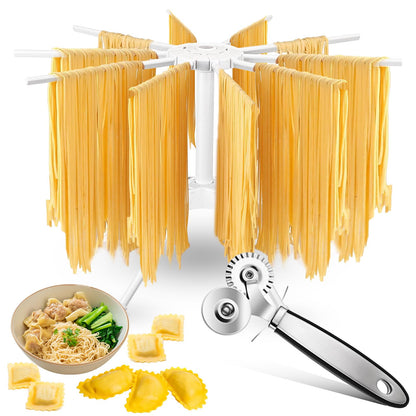 FoldTier Pasta Drying Rack and Cutter Wheel Ravioli Cutter Wheel Ravioli Roller Plastic Foldable Homemade Fresh Spaghetti Collapsible Stand Stable Easy Storage for Kitchen and Home Dumpling Lasagna