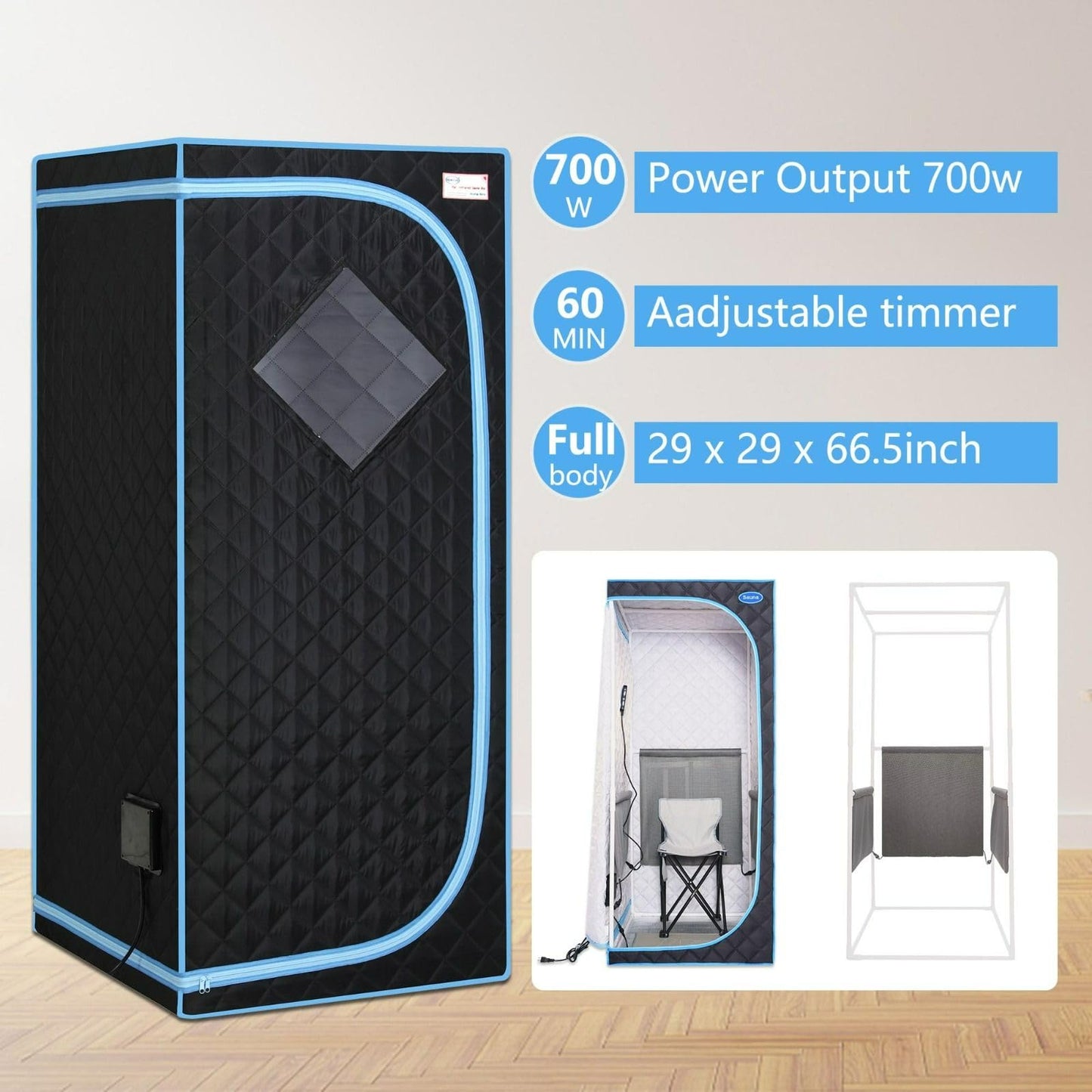 FRITHJILL Portable Infrared Sauna Tent for Home Spa - 700W Full Body Sauna with Foldable Chair, Heating Foot Pad, Remote Control - Easy Setup Indoor Sauna, Max 65°C, 60min Timer, Black