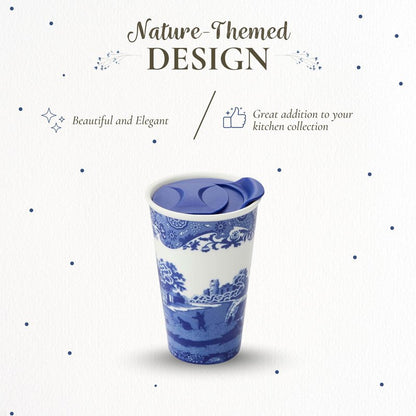 Spode Blue Italian 8oz Porcelain Travel Mug with Lid – Scenic Patterned Drinkware with Decorative Border - Portable Ceramic Coffee Cup for Brunch, Tea, On-the-Go Hot Beverage Moments