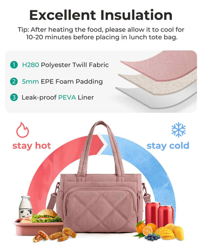 BAGSMART Lunch Bag Women Large Lunch Box Insulated Tote Bag with Multi-Pockets Quilted Puffy Tote for Work, Outdoors
