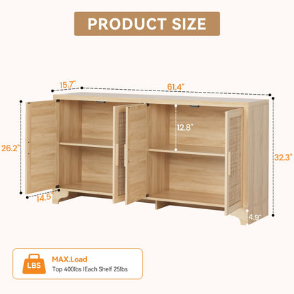GAOMON TV Stand for TVs Up to 65'', Natural Rattan Entertainment Center with Storage Cabinets, Boho Media Console Table for Living Room, Farmhouse Cabinet, Oak