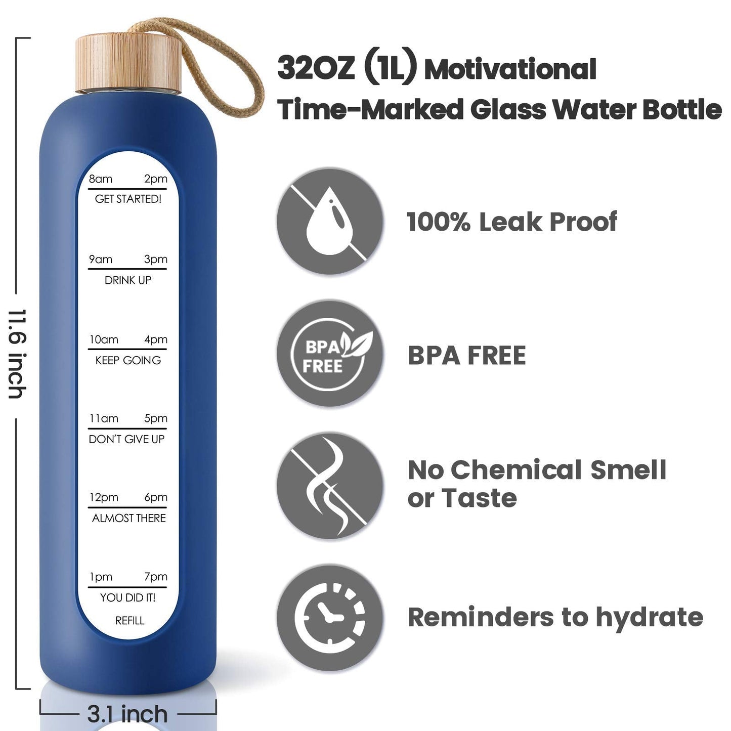 PROBTTL 32 Oz Borosilicate Glass Water Bottle with Time Marker Reminder Quotes, 1 Liter Leak Proof Reusable BPA Free Motivational Water Bottles with Silicone Sleeve and Bamboo Lid (Navy Blue)