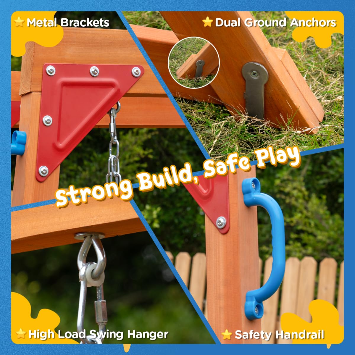 Dolphin Playground Cedar Wooden Swing Sets, Outdoor Playset with Monkey Bar, Heavy Duty Backyard Playset for Kids 3-10, 2-in-1 Picnic Table, 6FT Wave Slide, Climbing Wall, Belt Swings