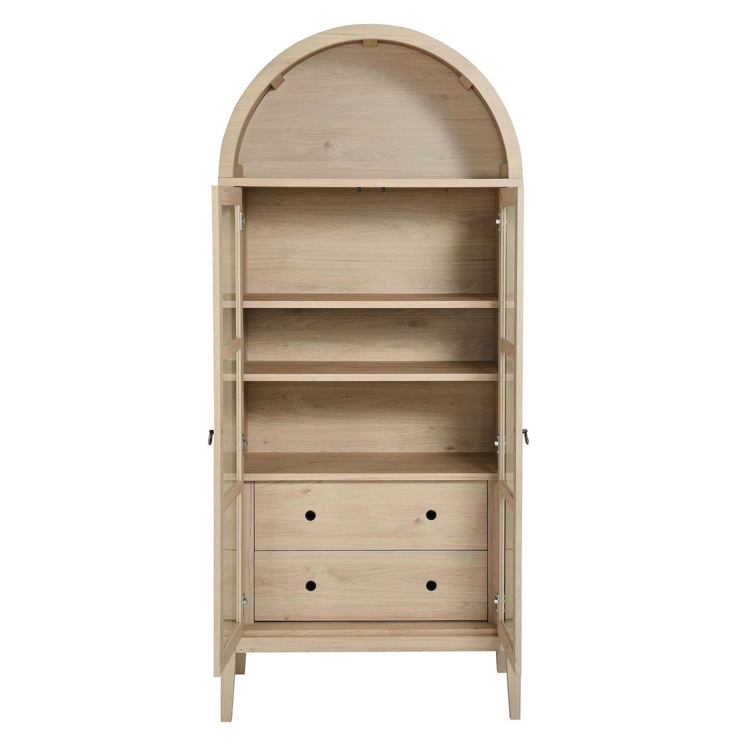 Modway Nolan Modern Farmhouse 71 Inch Tall Arched Storage Display Cabinet in Light Oak Wood Grain - 4-Tier Bookcase with Glass Doors and Shelves - Arch Accent Cabinet for Living Room