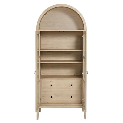 Modway Nolan Modern Farmhouse 71 Inch Tall Arched Storage Display Cabinet in Light Oak Wood Grain - 4-Tier Bookcase with Glass Doors and Shelves - Arch Accent Cabinet for Living Room