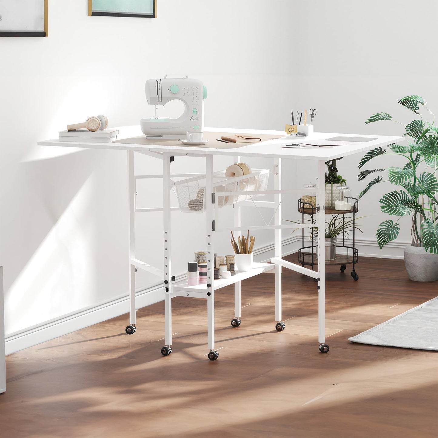 Sew Ready Folding Sewing Craft Table with Storage, Adjustable Height Cutting Desk with Drawers and Wheels for Quilting, Fabric, and Hobby Room, White