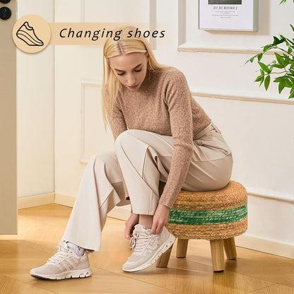 Handwoven Round Ottoman, Natural Water Hyacinth Outdoor Patio Pouf Seagrass Low Stool with Wood Legs, Soft Padded