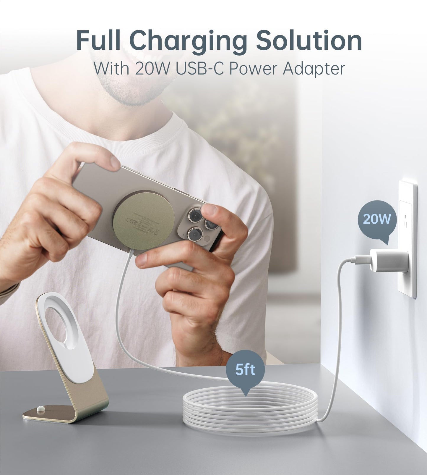Magnetic Wireless Charger for iPhone 17/16/15/14/13/12 - Mag Charger+20W USB C Adapter, Fast Wireless Charging Stand/Pad with 5ft USB-C Cable for iPhone 17/16/15/14/13/12 Pro Max Plus Mini Air, Airpod