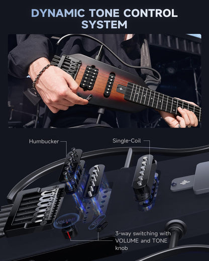 Donner HUSH X Electric Guitar Kit - Featherlight Headless Guitar, Great for Travel and Practice, Mahogany Solid Body with Easy Assemble Stands, Gig Bag, All Accessories, Sunburst