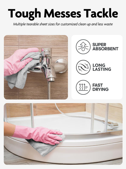 Fantasticlean Microfiber Cleaning Cloth Roll -60 Pack, Tear Away Microfiber Towels, 12" x 12", Reusable, Washable, Lint Free, Ultra Absorbent Dishcloth for All-Around Cleaning (Pink & Grey)