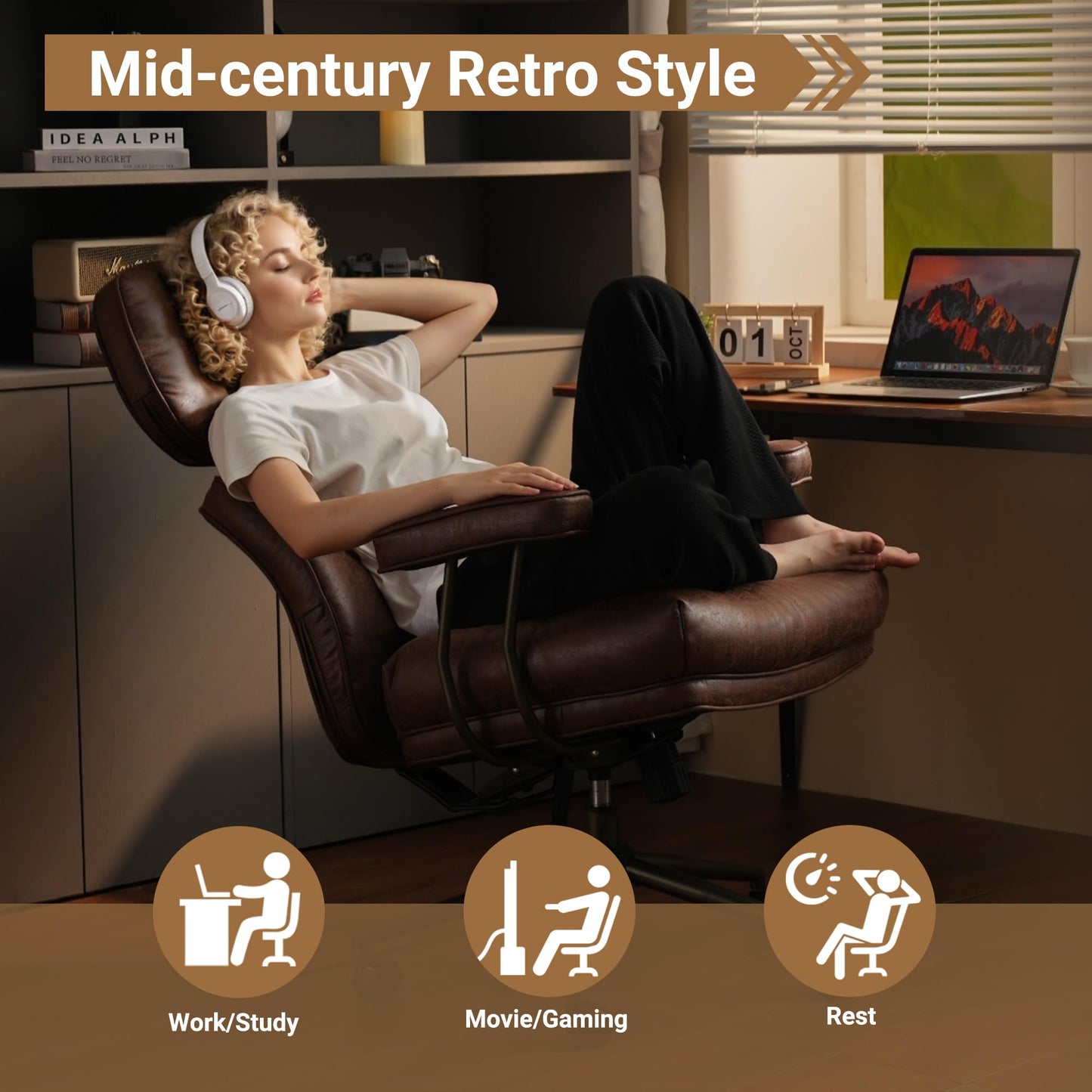 Home Office Chair,Ergonomic Computer Chair with Lumbar Support Adjustable Height,Mid-Century Modern Office Chair with Rolling Swivel Chair for Home Office Game Study(Suede Leather Chair,Dark Brown)