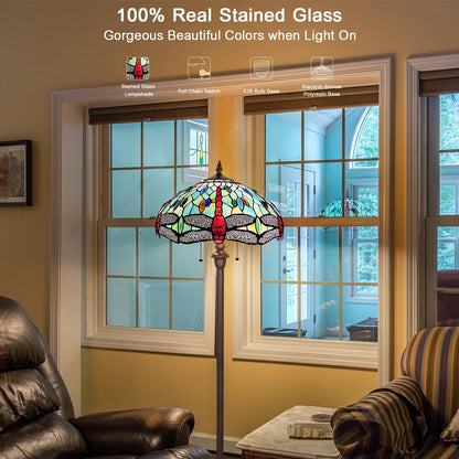 Capulina Tiffany Lamp Stained Glass Floor Lamp 2-Light 63 Inches Tall Industrial Dark Bronze Pole Fine Sky Dragonfly Tiffany Style Standing Floor Lamp for Living Room Bedroom Home Office