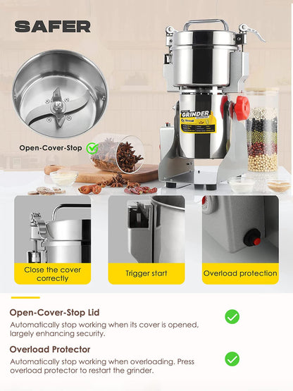 CGOLDENWALL 700g Electric Grain Grinder Mill Safety Upgraded 2400W High-speed Spice Herb Grinder Commercial Superfine Grinding Machine Dry Cereals Pulverizer CE 110V (700g Swing Type)