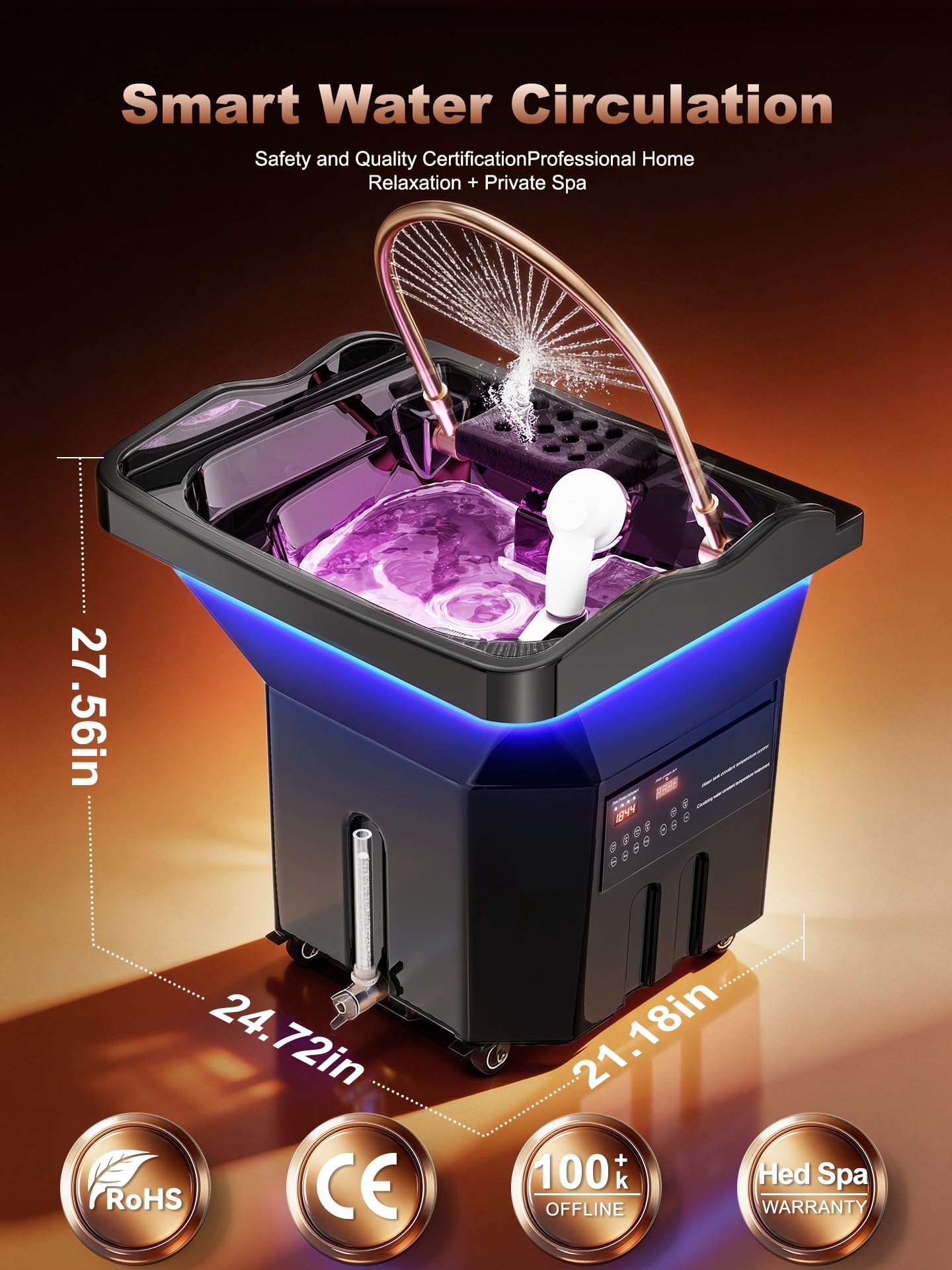 QEGOON Professional Head Spa Equipment, Portable Shampoo Bowl with LED Light Therapy, 60L Large Water Tank, Constant Temperature Water Circulation Shampoo Station for Beauty Salons Spas