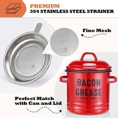 ONEARF Bacon Grease Container with Strainer - Large 46OZ Red Kitchen Oil Storage Can, Food Saver Bin with Lid | Farmhouse Cooking Pot Keeper Collector, Dishwasher Safe - Red