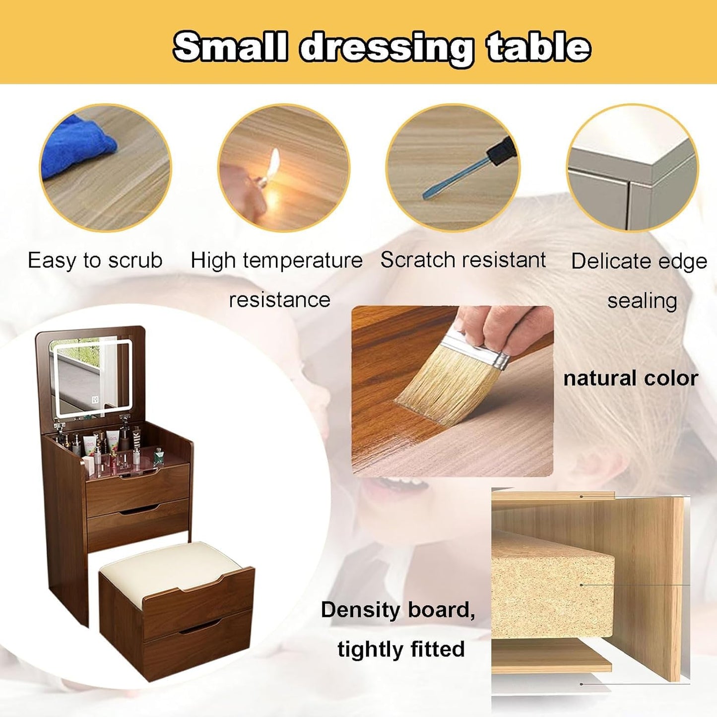 KEIKI Vanity Desk with Plip Top Mirror, 3 in 1 Make Up Vanity Set with 3 Drawers, Dressing Table with Stool for Bedroom, Walnut