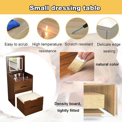 KEIKI 3 in 1 Vanity Desk with Plip Top Mirror, Make Up Vanity Set with 3 Drawers, Dressing Table with Stool for Bedroom, Walnut