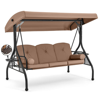 HOMREST 3 Seat Outdoor Porch Swing with Adjustable Canopy, Convertible Patio Swing Bed with Stand, Patio Glider Swing with Upgraded Cup Holder, Thicken Cushions ＆ Pillow for Backyard(Brown)