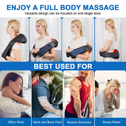 Neck and Shoulder Massager with Heat Shiatsu Back Massage Pillow with 3D Deep Tissue Kneading for Foot, Legs, Body Muscle Pain Relief, Use at Home, Office & Car