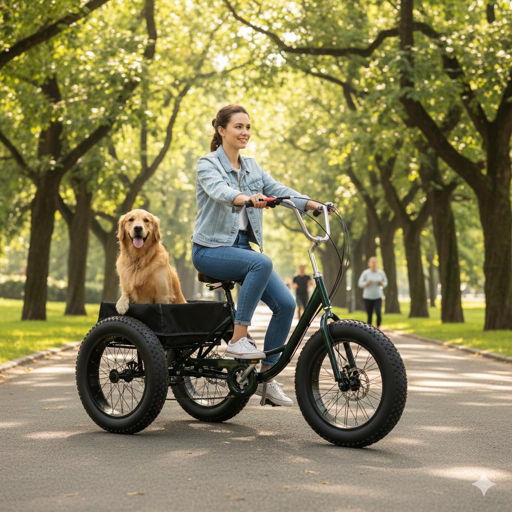 20 Inch Adult Tricycle 7 Speed, Fat Tire Trike Drift Tricycle with Double Disc Brake, High Carbon Steel 3 Wheel Bike for Seniors Adults 450 Lbs Capacity Shopping Basket Cruiser Bicycle (Black)