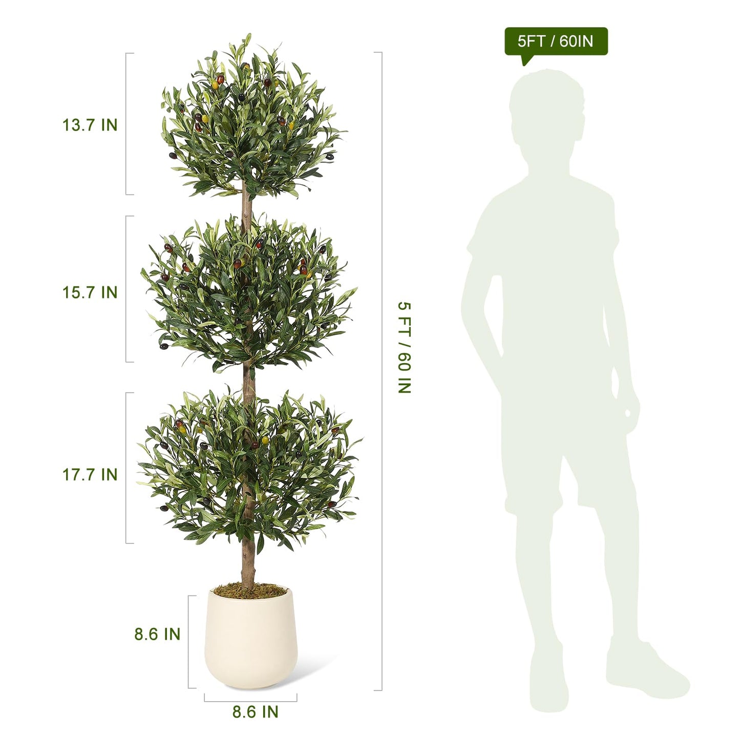 2 Pcs Artificial Olive Tree, 5FT Tall Olive Trees Artificial Indoor, Fake Olive Tree with Planter, 3-Tier Spherical Design Faux Olive Tree for Home Office Decor