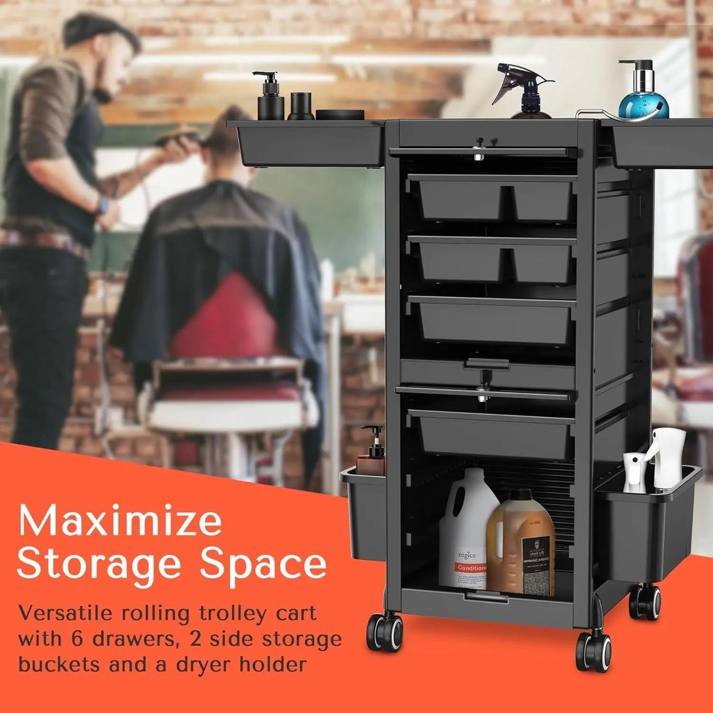 Trolley Premium Lockable Salon Trolley Cart with Wheels and 6 Drawers 2 Bucket,Versatile Salon Cart Hair Storage Rack
