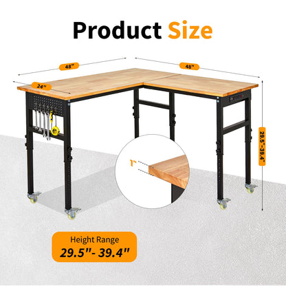 L-Shaped Adjustable Workbench 48"+48" with Power Outlet & Wheels - 2000lbs Capacity Heavy Duty Garage Workshop Table with Pegboard & Rubber Wood Top for Home Office DIY Projects