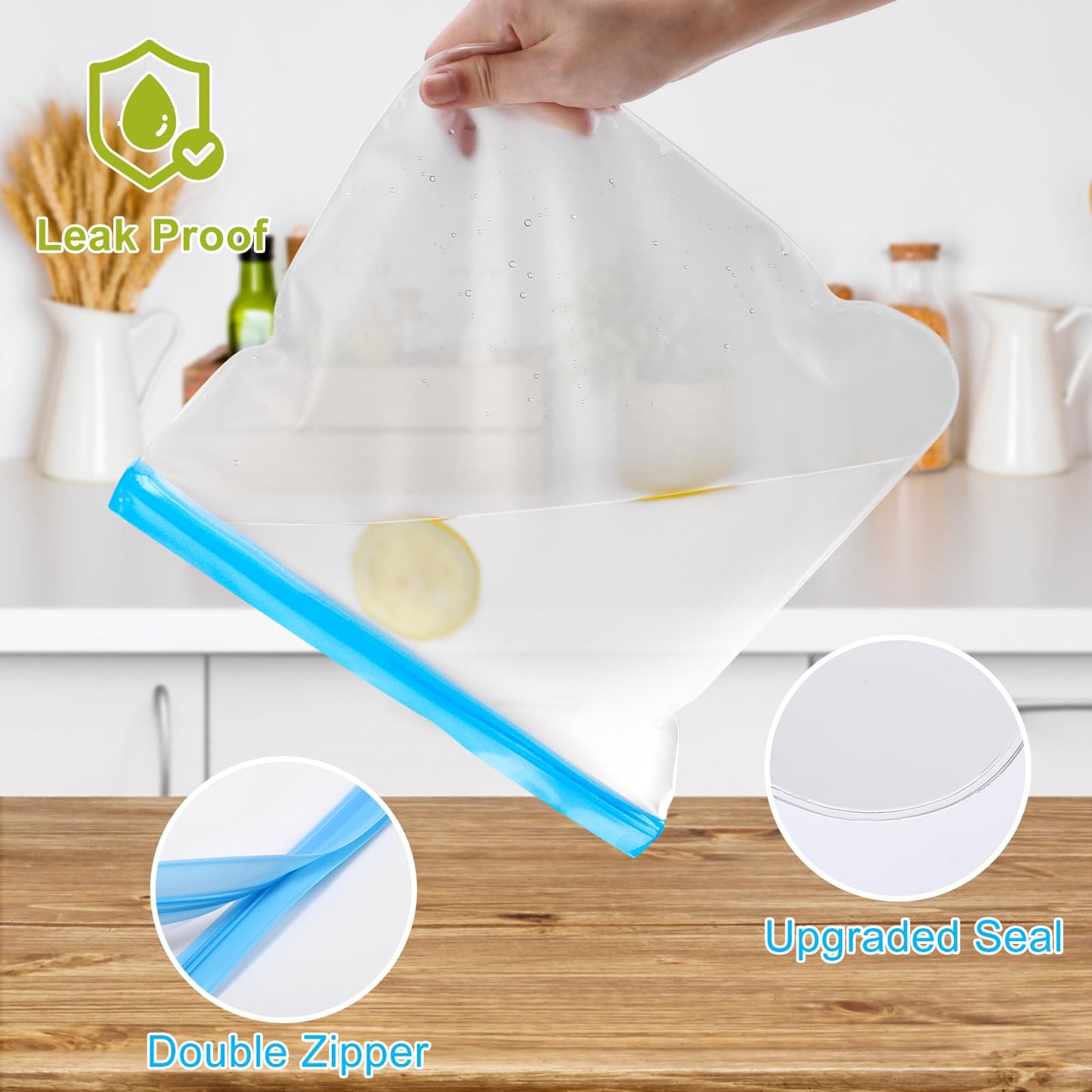 Lerine Reusable 2 Gallon Freezer Bags Dishwasher Safe 13"x15.6", Leakproof BPA Free Reusable Freezer Bags 2 Gallon, Food Storage Bags for Marinate Meats, Vegetables, Home Organization(Gray,2Gallon)