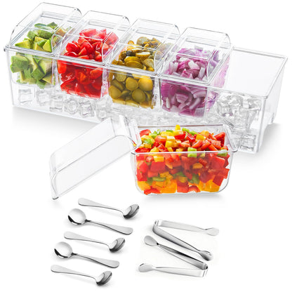 Lifewit Ice Chilled Condiment Caddy with 5x 20 oz Containers, Condiment Server with Lid & Metal Accessories, Serving Tray Platter with Removable Dishes for Bar, Fruit, Salad, Taco, Party Garnish