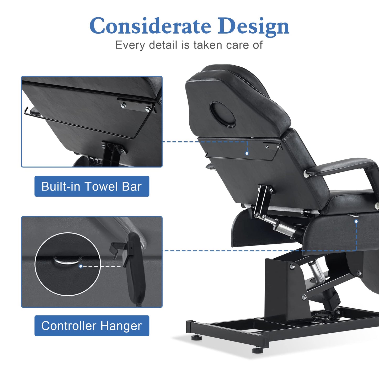 BarberPub Fully Electric Facial Bed with 3 Motor for Esthetician, Electric Tattoo Chair for Client, Facial Bed for Esthetician, Electric Adjustment 2751 (Black, Height (Flat): 24"–33")