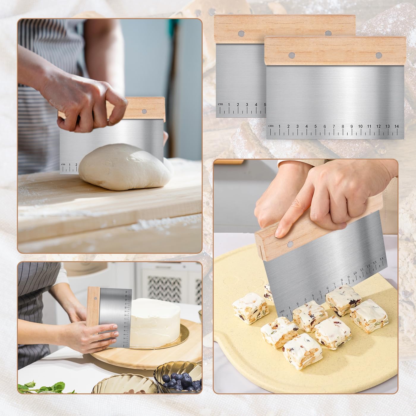 5 Pcs Bench Scraper, Bench Scraper Kitchen 2 Pcs Stainless Steel Dough Scraper with Wood Handle and 3 Pcs PP Food Scraper with Hanging Hole, Multipurpose Bread Dough Cutter for Baking-Green