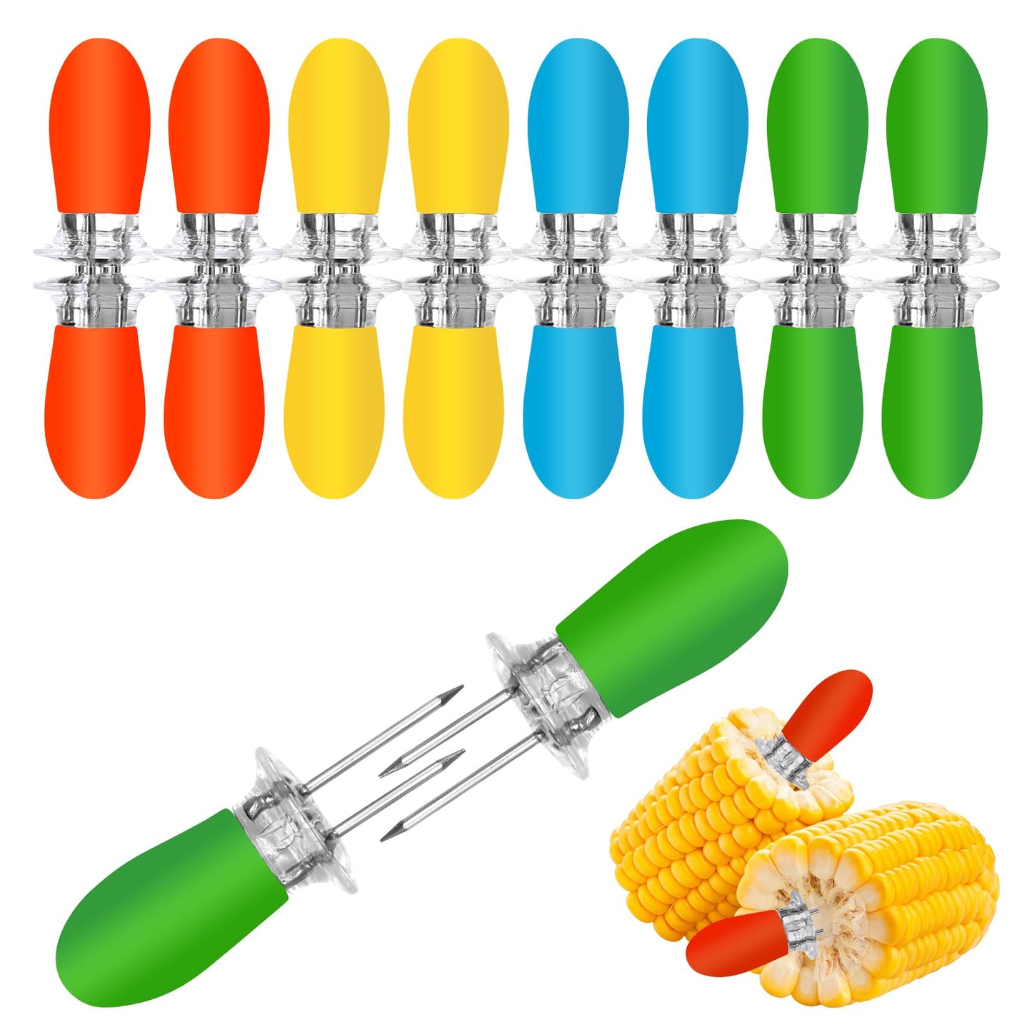 16Pcs/8 Pairs Corn Holders Stainless Steel Corn Holders Corn on the Cob Skewers with Multi-Colour Silicone Handle for BBQ Home Cooking Parties Camping