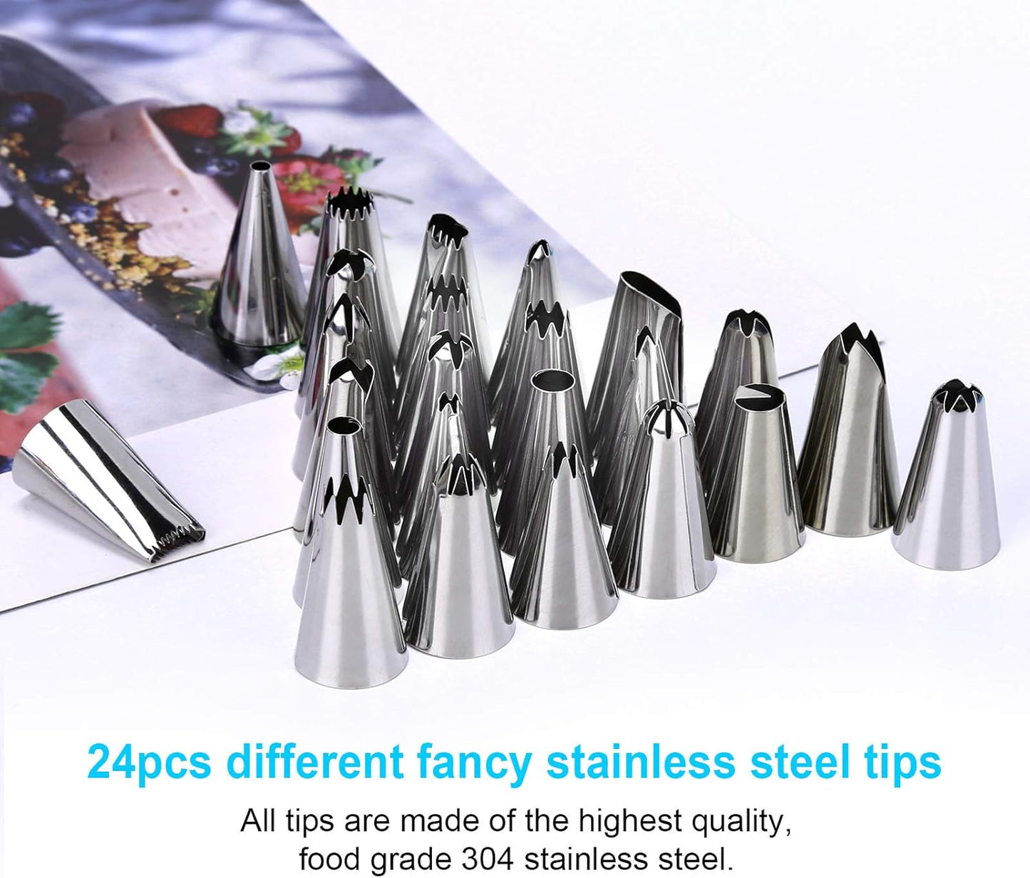 34Pcs Piping Bags and Tips Set - Bake Cake Decorating Kit with 24 Stainless Steel Tips and Reusable Silicone Bags