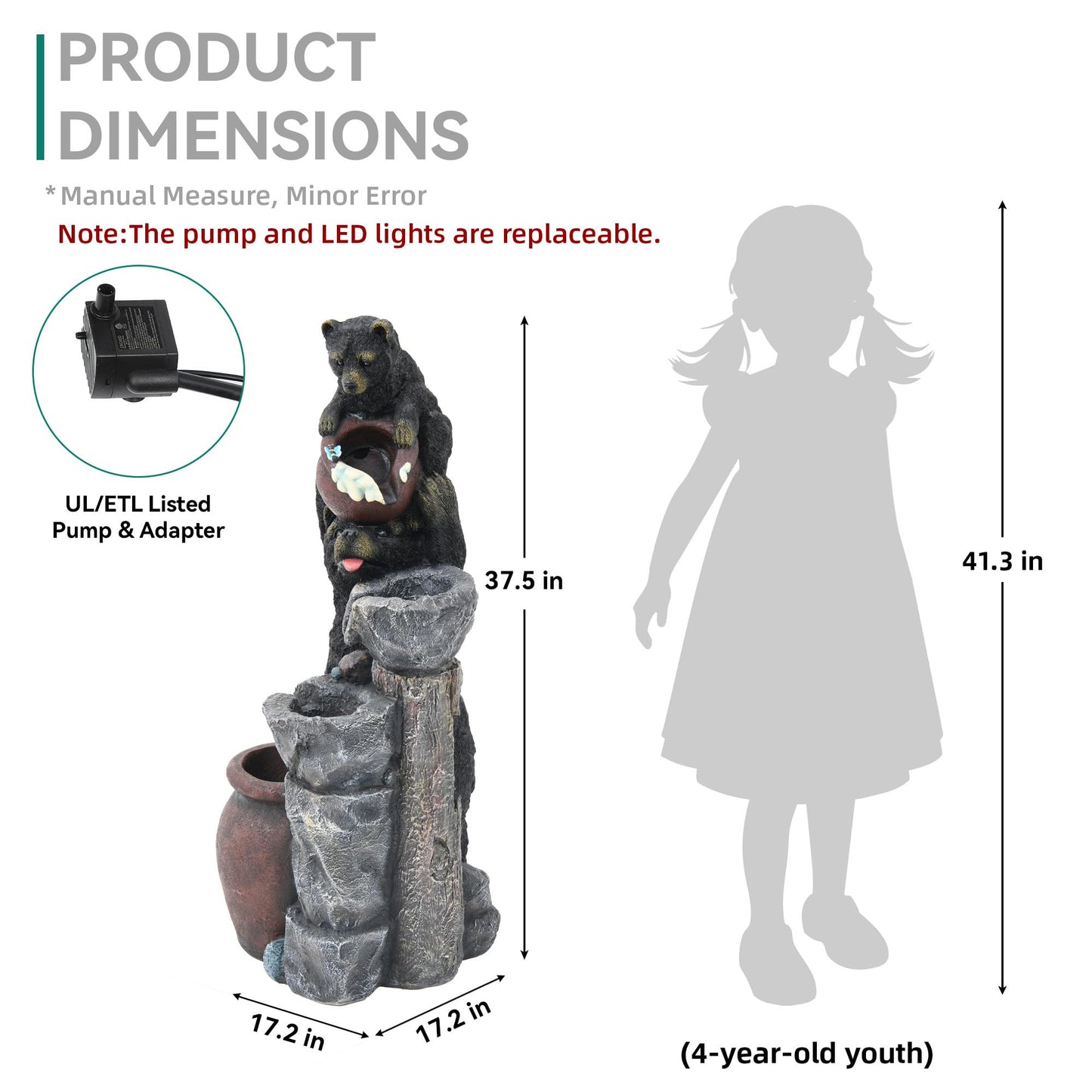 Ultym 37.5" H Resin Playful Twin Bear Fountain Outdoor, Whimsical Multi-Tiered Stone Vessel Water Feature Outdoor with Lights, Soothing Cascading Waterfall for Patio, Backyard, Garden or Porch